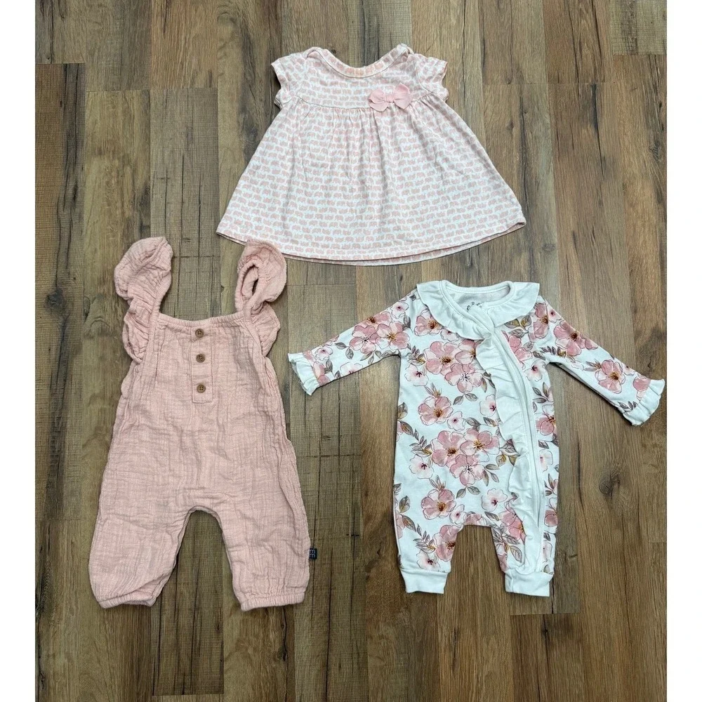 Baby Girls 3-Piece Outfit Bundle 0-3M Pink Floral Romper‎ Dress Muslin Jumpsuit